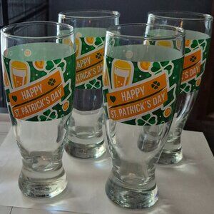 Lot of 4 Glass Happy St. Patrick's Day Beer Glasses 14.5 oz. Fun Party Drinkware